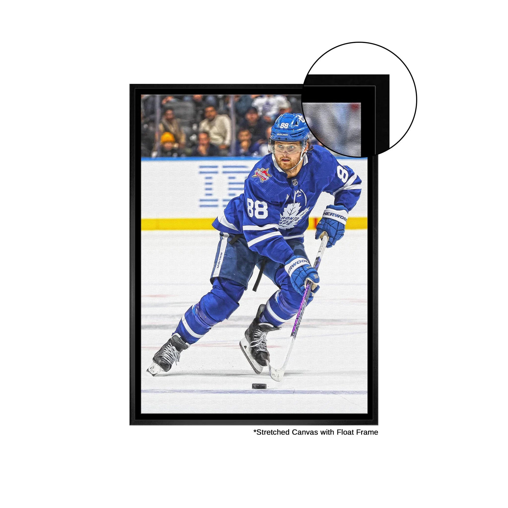 Toronto Maple Leafs player in blue jersey skating on ice, canvas print with float frame