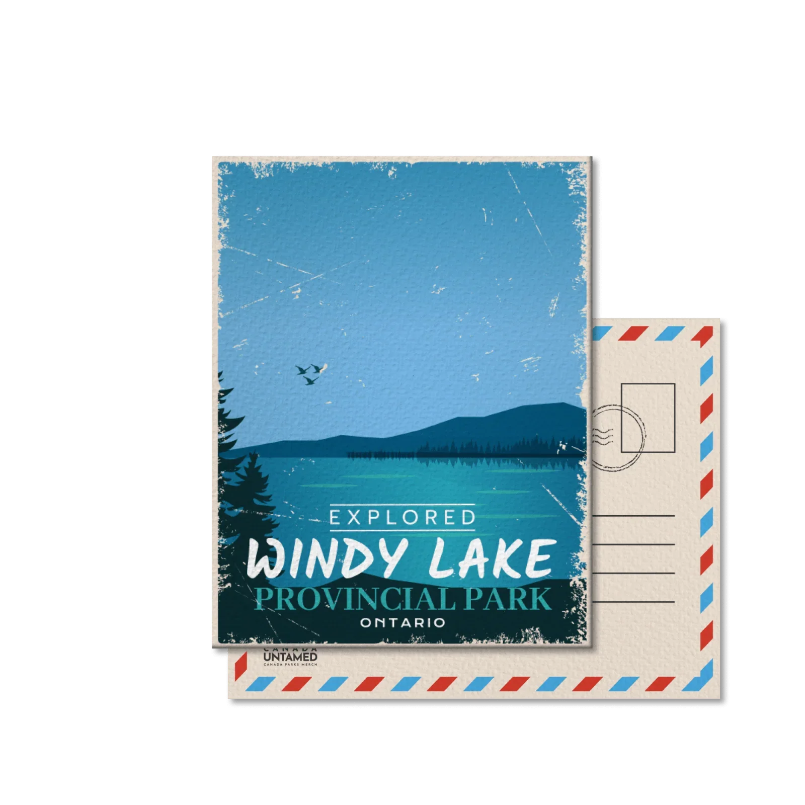 Windy Lake Provincial Park Ontario postcard with blue lake, pine trees, and mountains