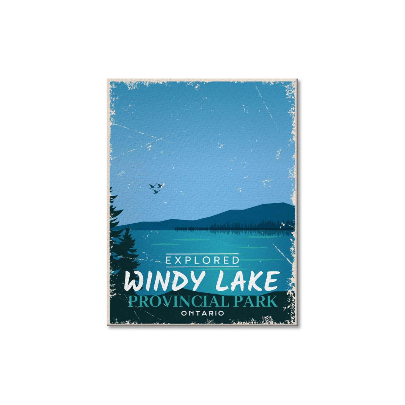 Windy Lake Ontario Provincial Park postcard with lake, trees, and flying birds illustration