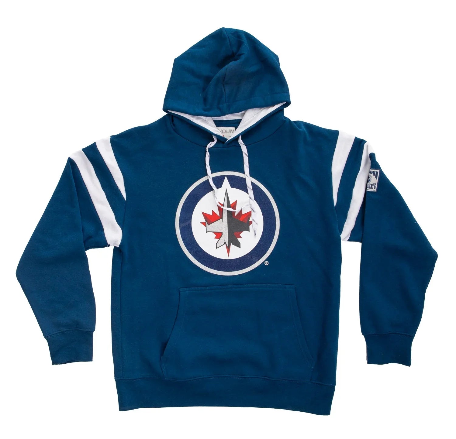 Blue Winnipeg Jets varsity hoodie with logo, white shoulder stripes, and front pouch pocket