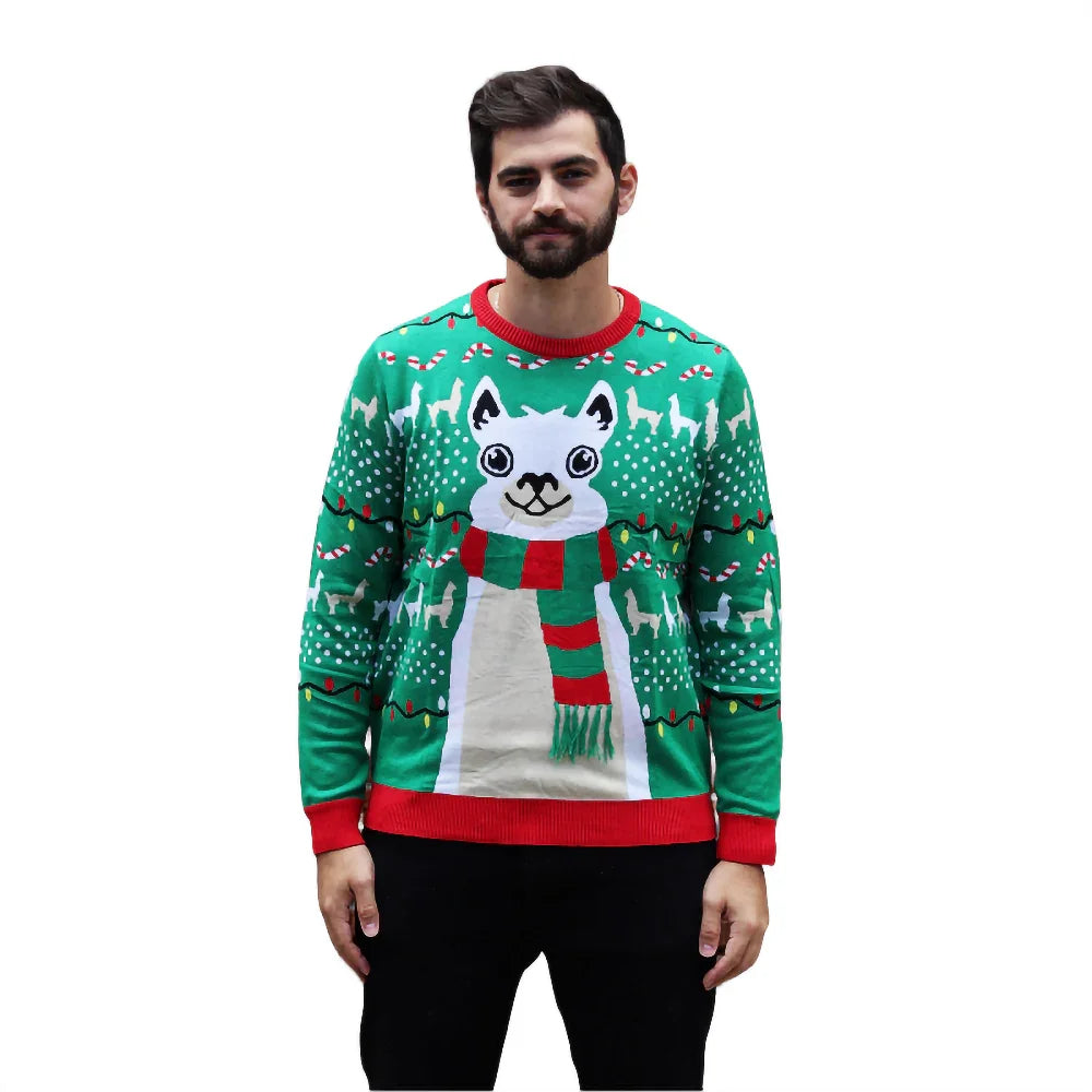 Man wearing a green Christmas cat sweater with red trim and festive winter patterns