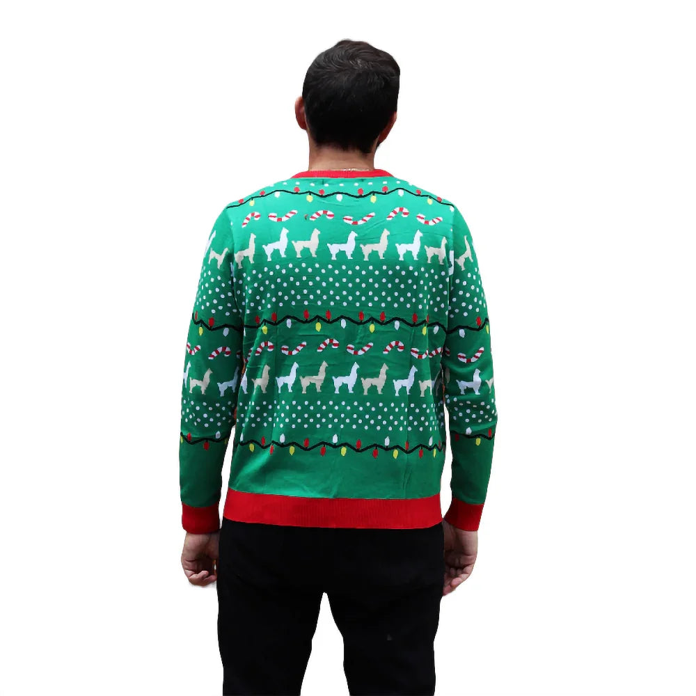Man wearing green Christmas cat sweater with candy canes and festive lights pattern