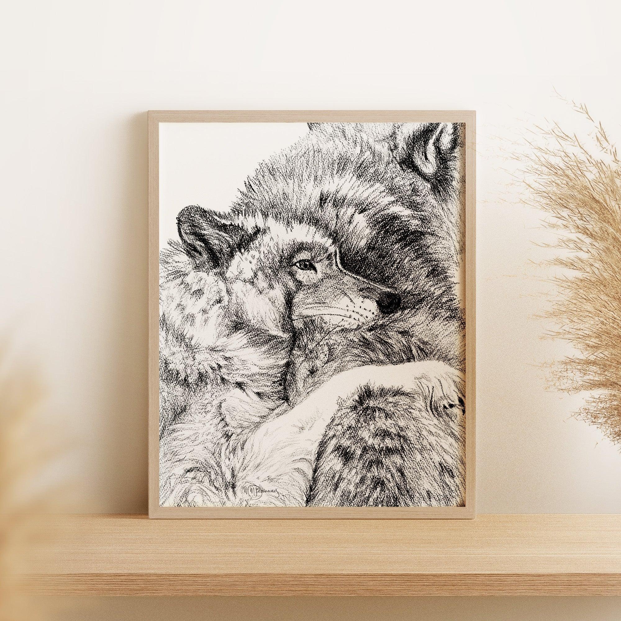 Framed black and white wolf cuddling drawing on a wooden shelf, minimalist decor