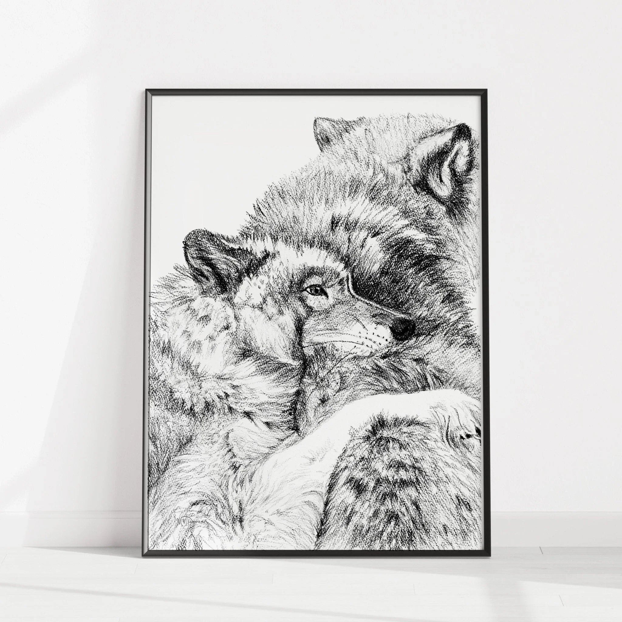 Black and white framed wall art of two cuddling wolves, minimalist room decor