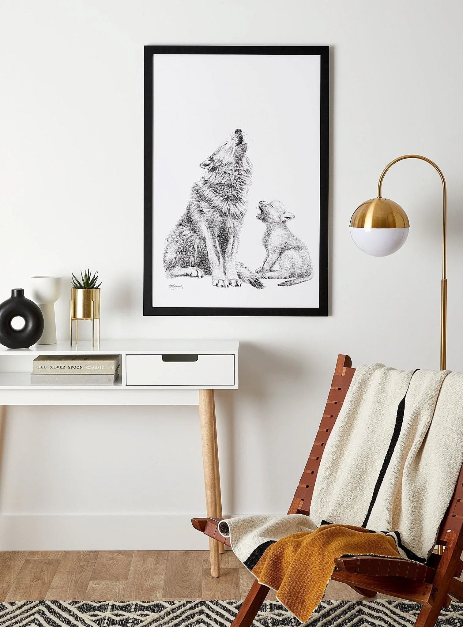 Wolf howling with cub illustration framed in modern home office decor