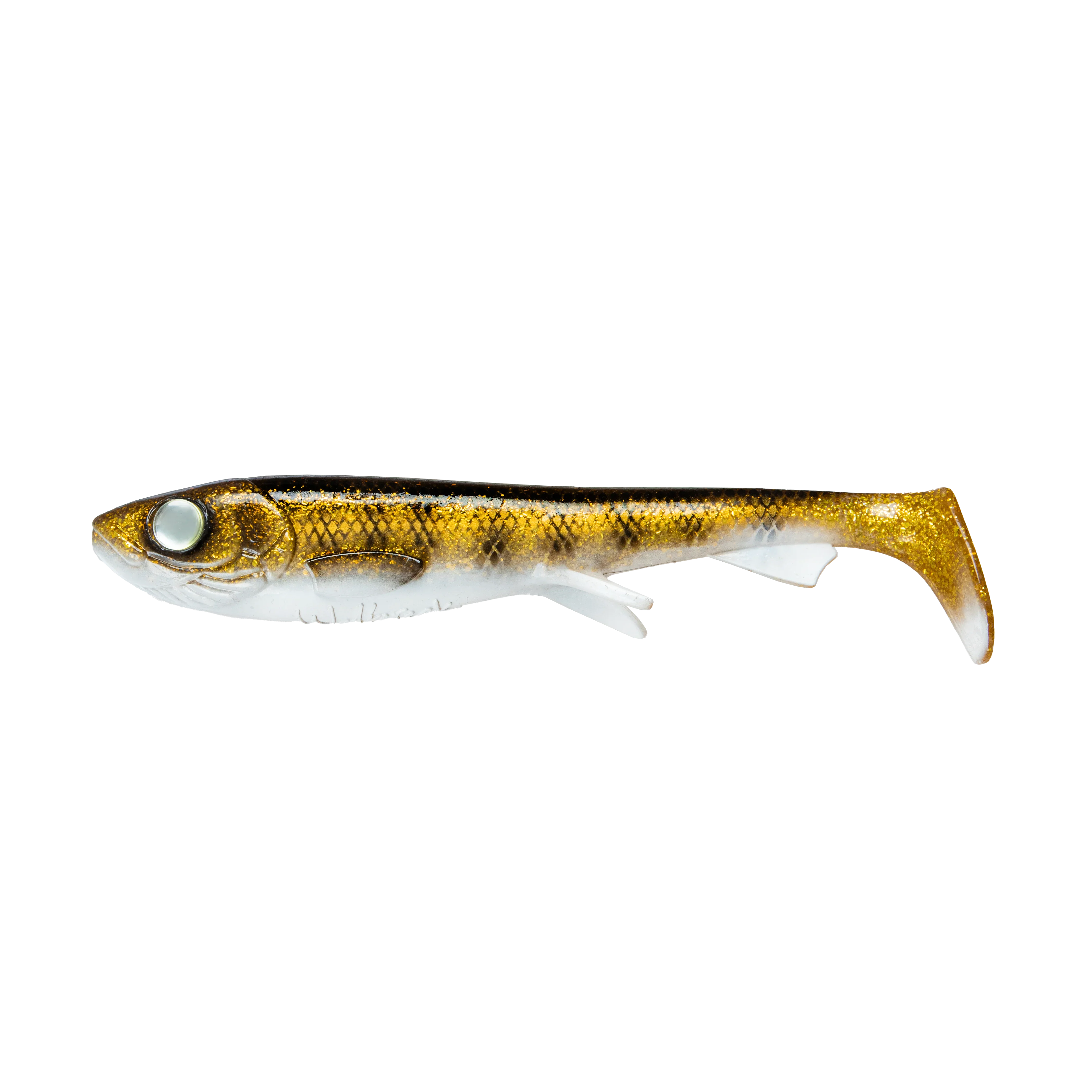 Wolfcreek Shad C075 walleye fishing lure gold and white scale pattern on black background