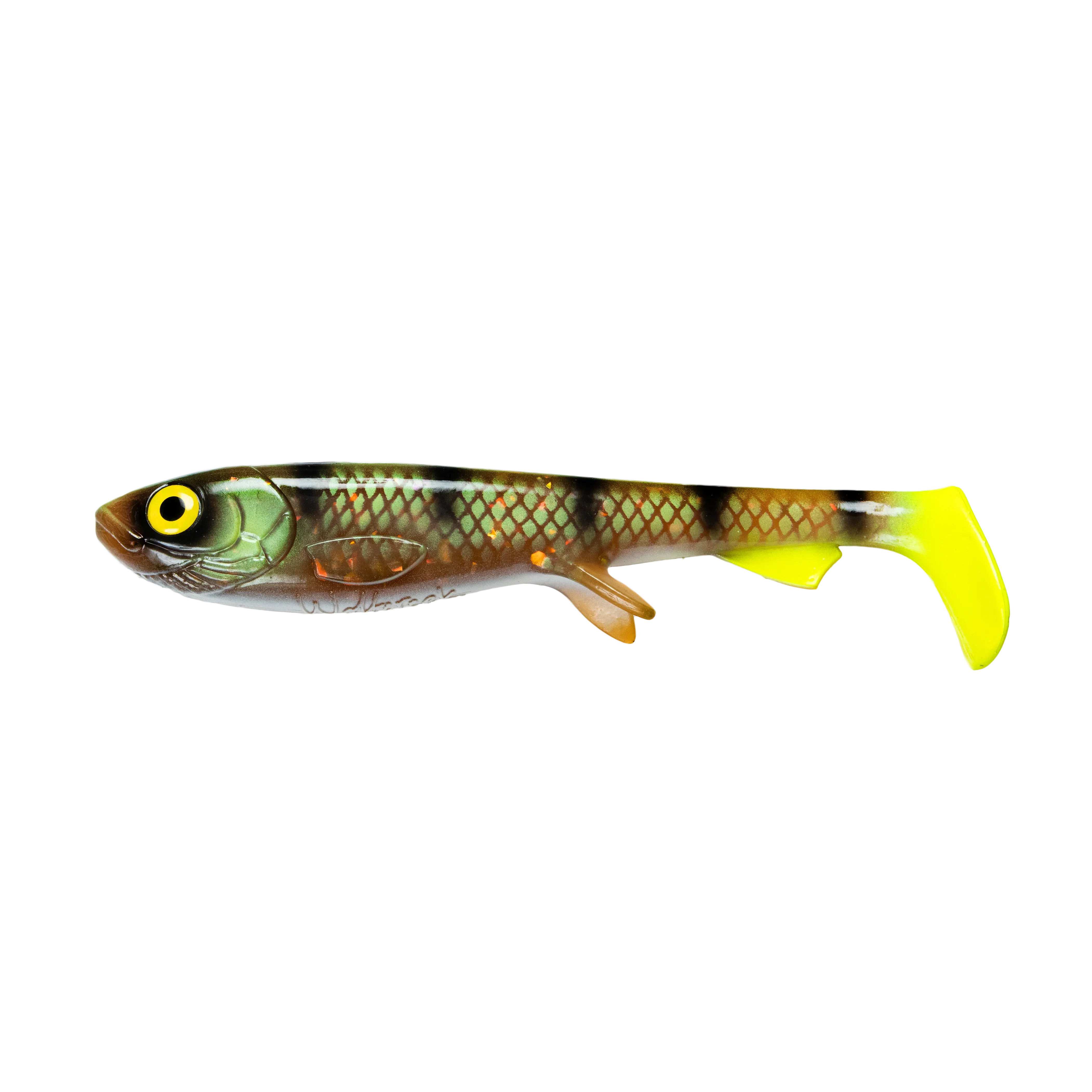 Wolfcreek Shad C081 soft fishing lure in motoroil kiwi perch colors on black background