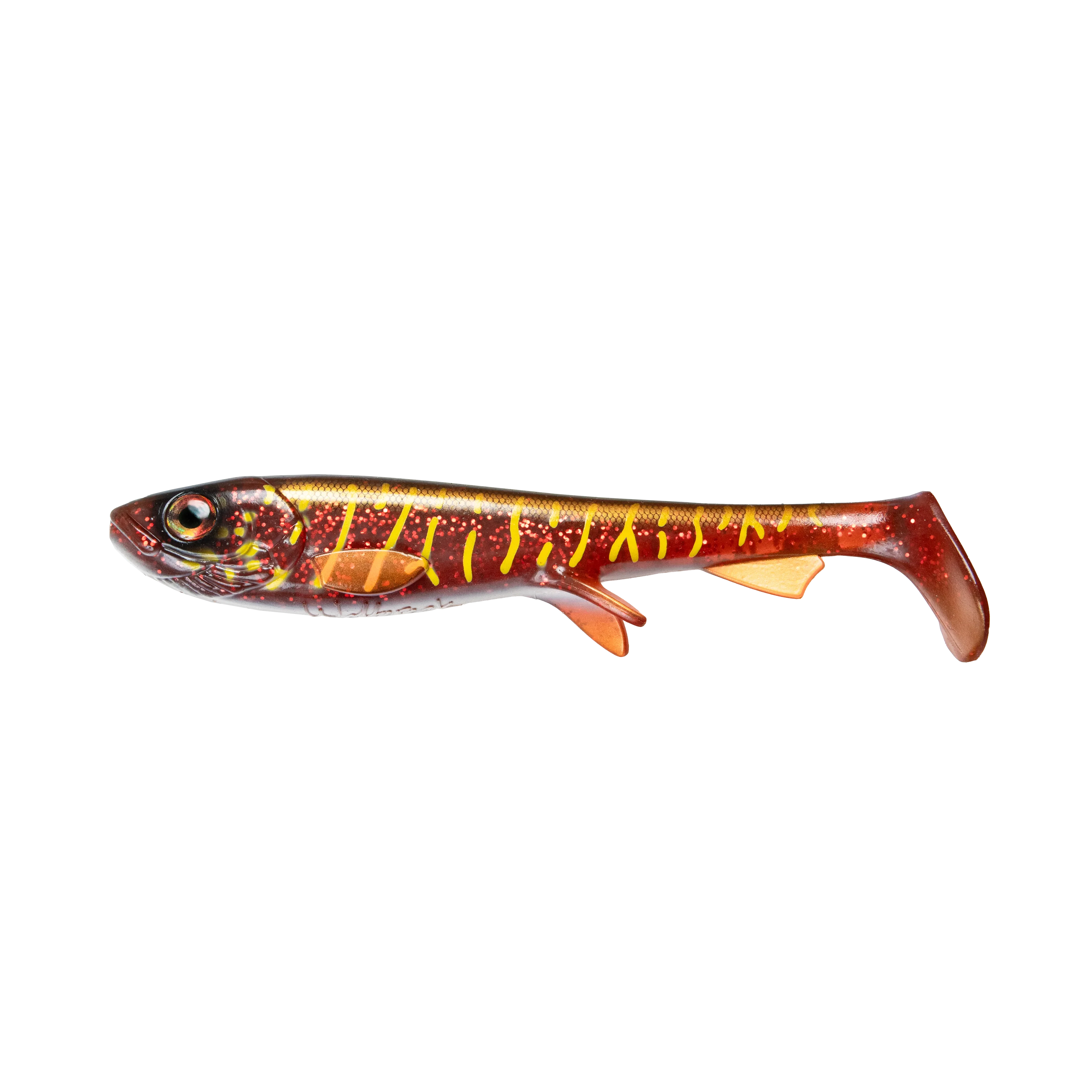 Wolfcreek Shad C083 Bloody Motoroil Pike soft bait fishing lure with red and yellow details