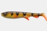 Realistic yellow perch fishing lure with black stripes and orange fins on white background