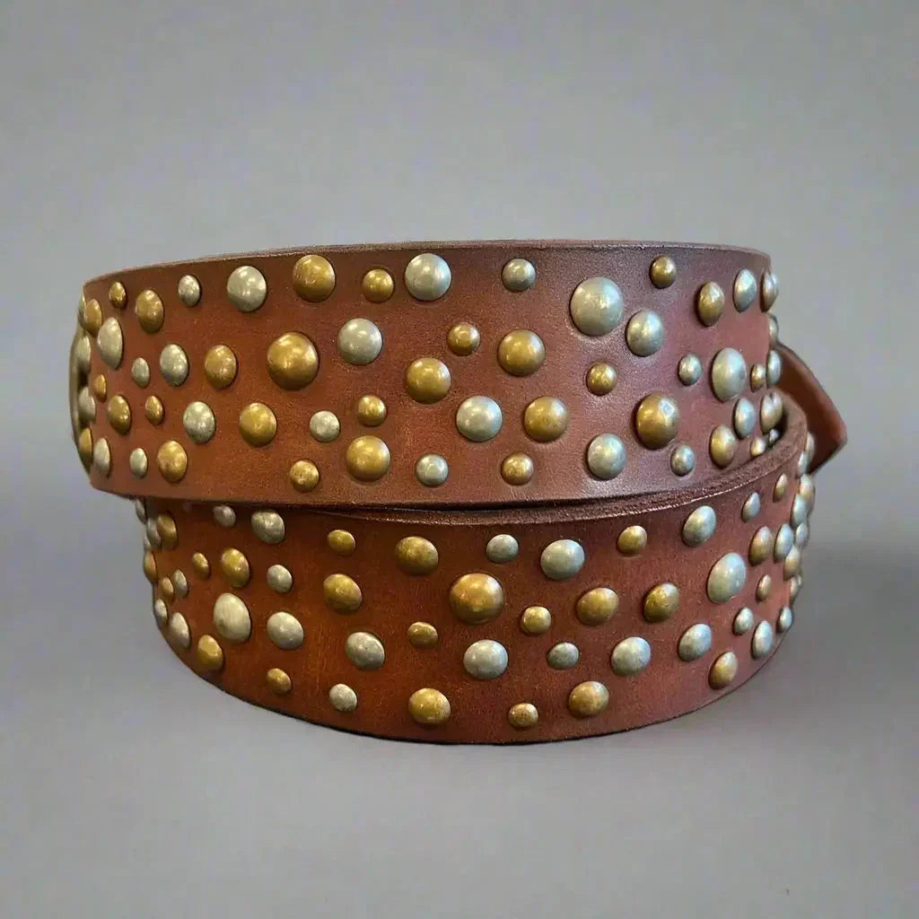 Brown full grain leather belt with gold and silver metal studs, women's fashion accessory