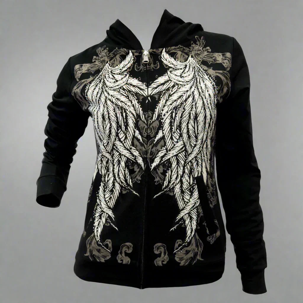 Black zip hoodie with white feather wings graphic, front view, on plain background