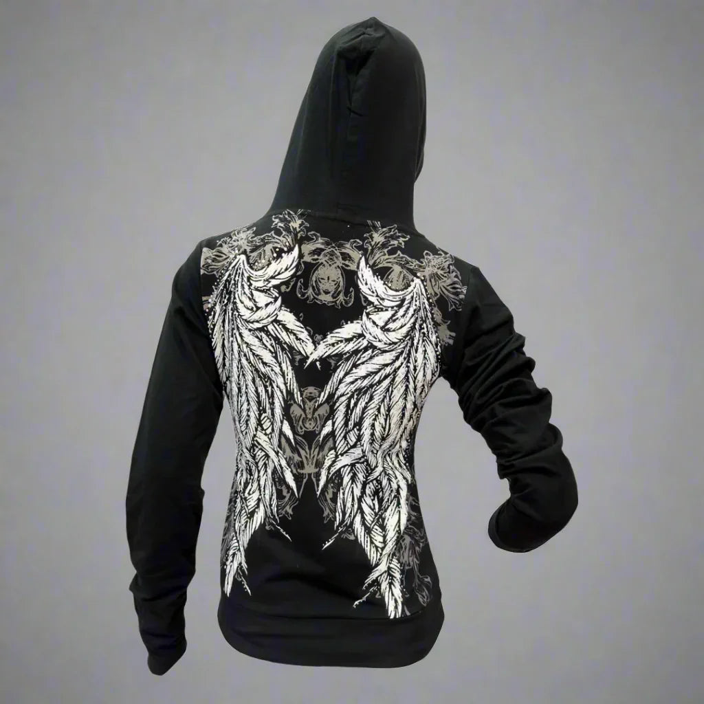 Black hoodie with white wing feather graphic design on back, person standing against gray background