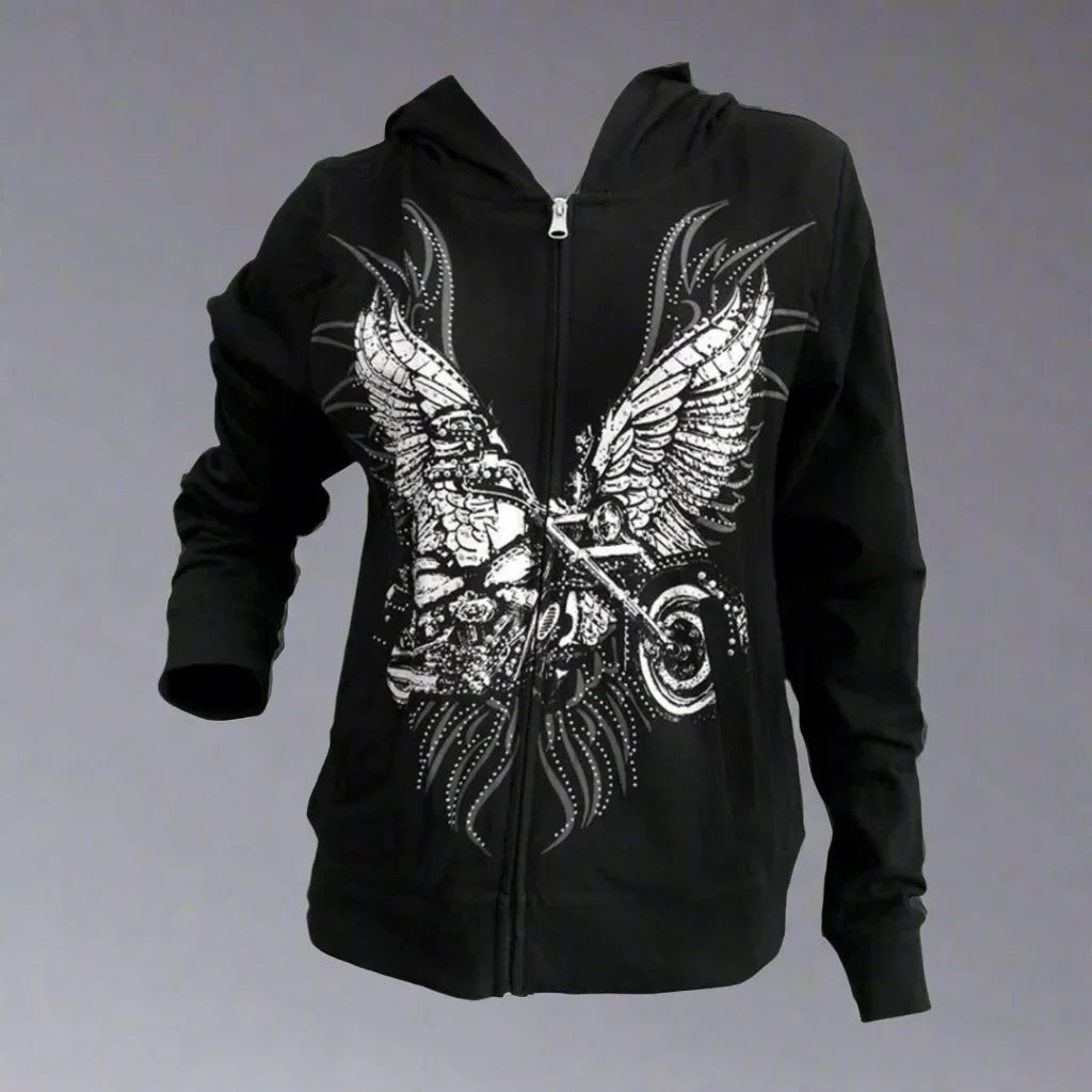 Black zip-up hoodie with white winged motorcycle graphic on front, displayed on plain background