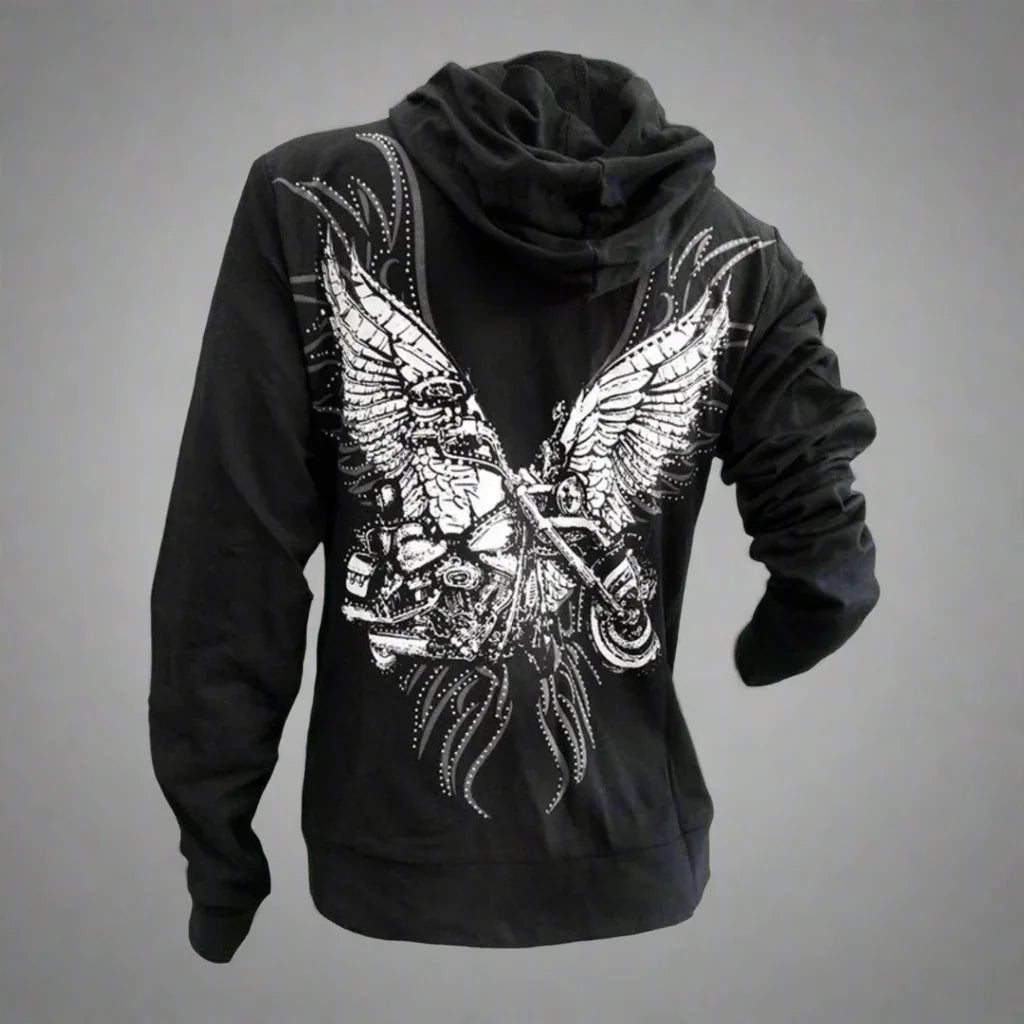 Black hoodie with winged motorcycle graphic on back, biker style apparel