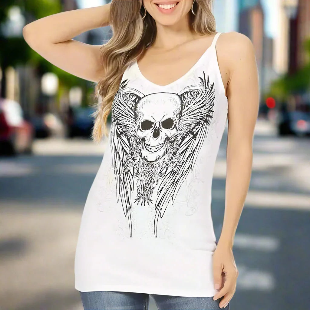 Woman wearing white skull and wings tank top, street background, women's graphic shirt