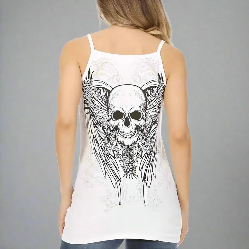 Woman wearing white tank top with black skull and wings graphic, back view