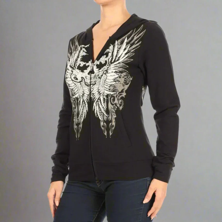 Black zip-up hoodie with bold silver wing graphic on front, modeled on a woman