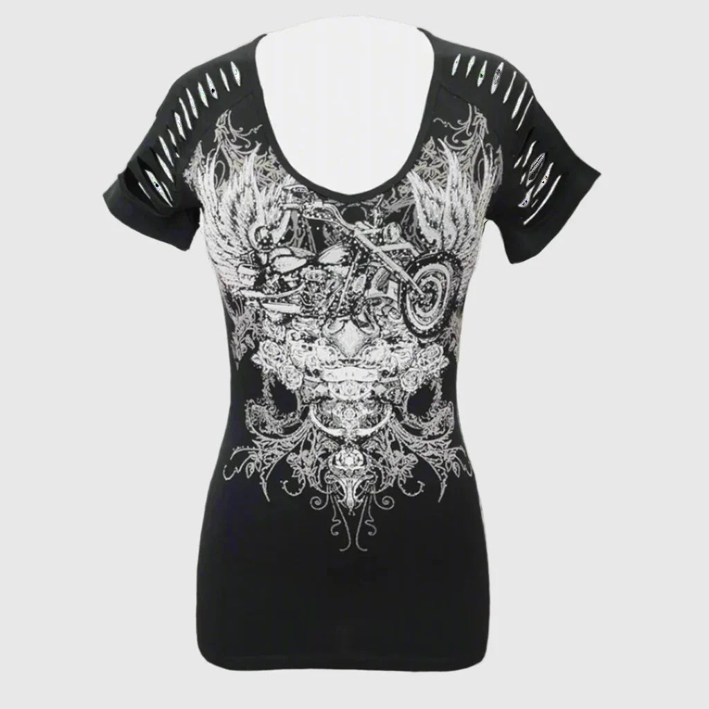 Black women's t-shirt with white motorcycle and winged skull graphic, cutout sleeves