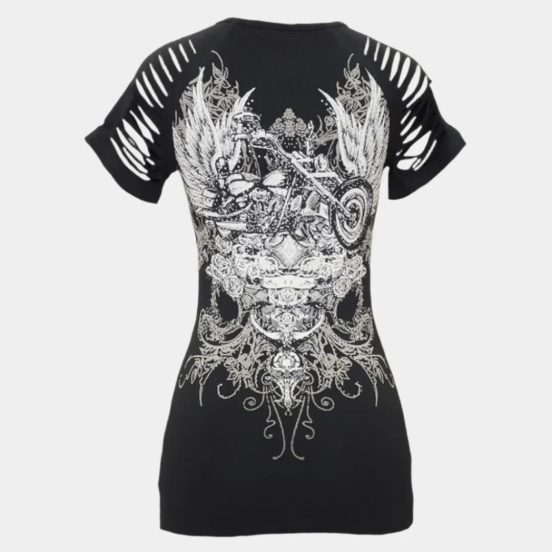 Black women's t-shirt with winged motorcycle and skull graphic, slashed sleeves, gothic style