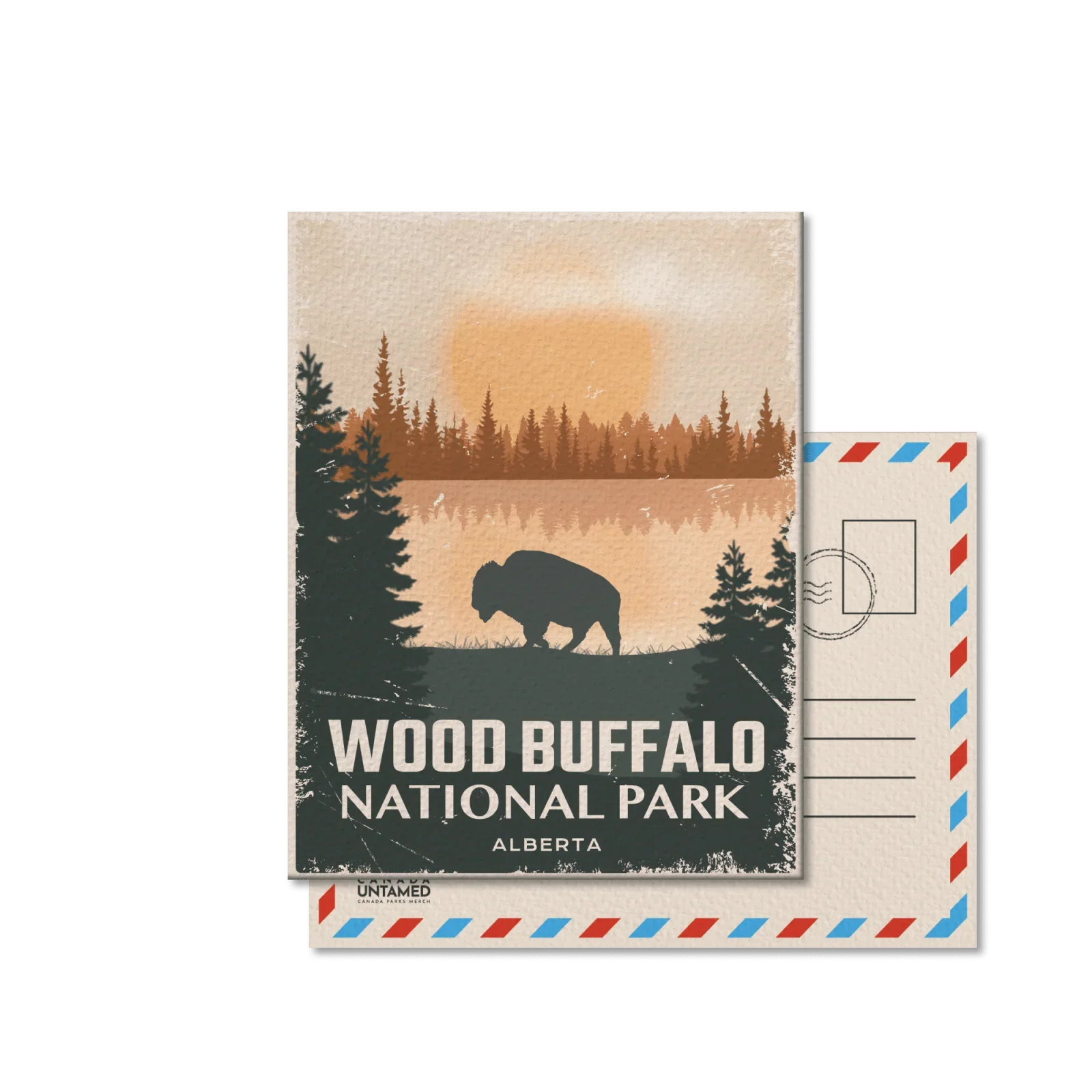 Wood Buffalo National Park postcard with bison, pine trees, lake, and sunset in Alberta, Canada