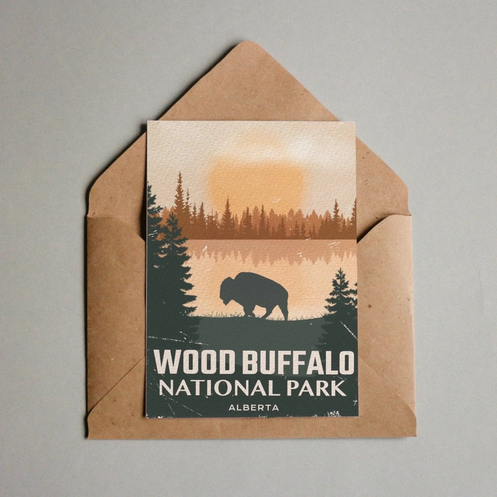 Wood Buffalo National Park Alberta postcard with bison silhouette and forest sunset scene