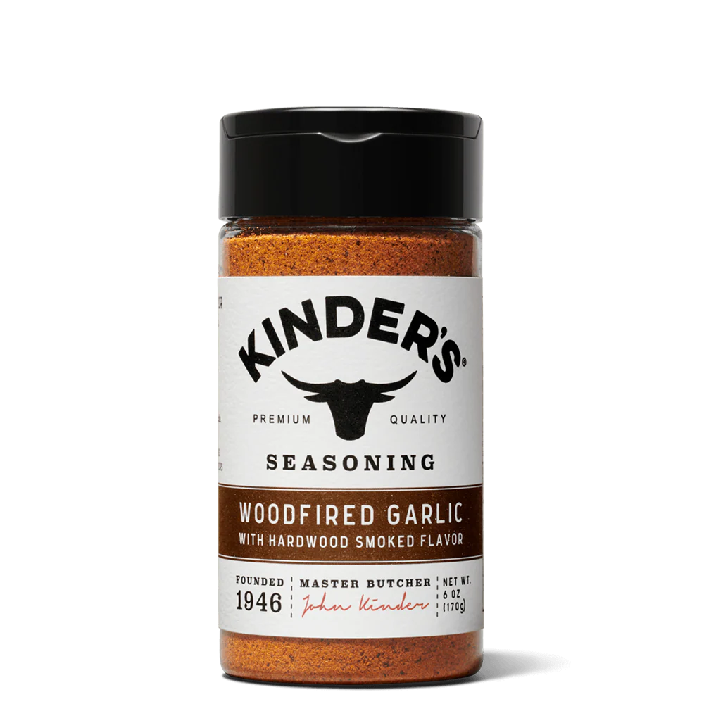Kinders Woodfired Garlic seasoning jar on a white background
