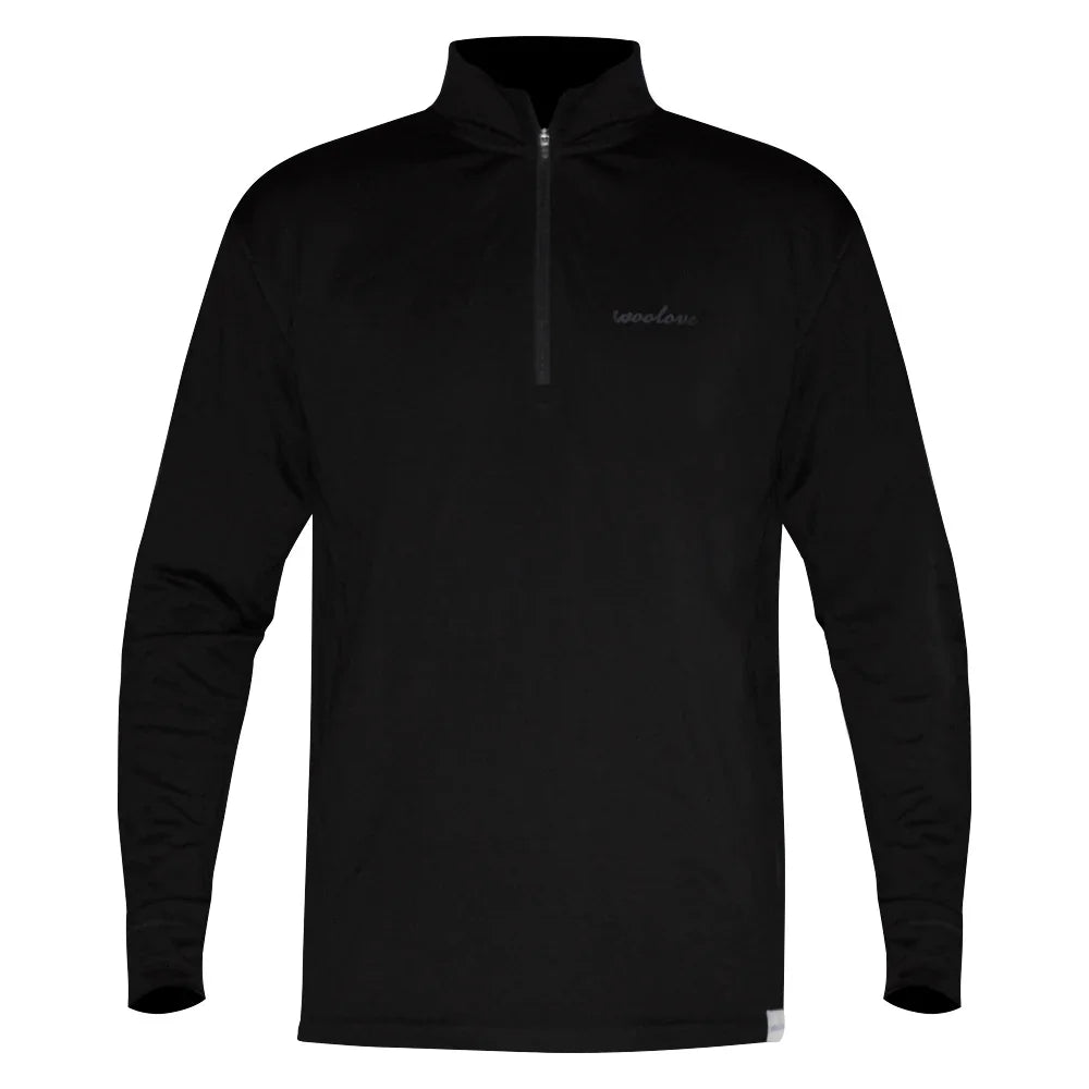 Men's black 100% merino wool quarter zip baselayer pullover with long sleeves