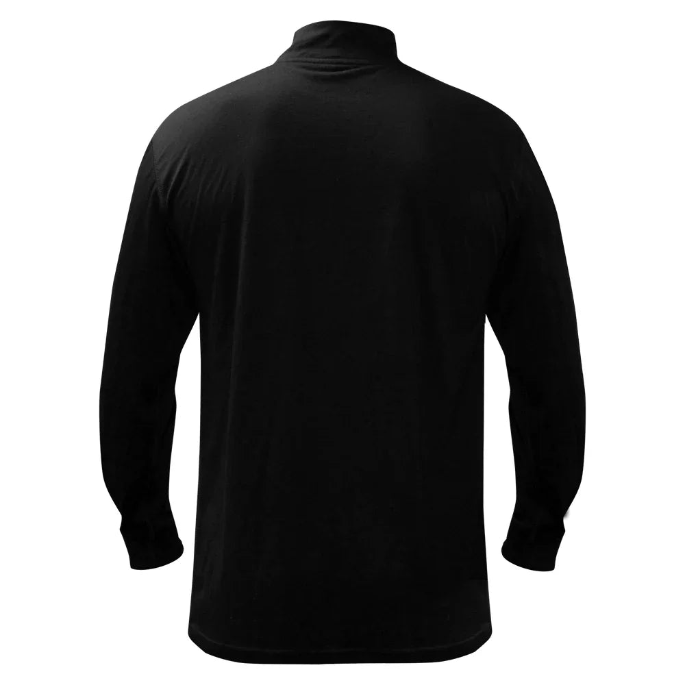 Back view of men's black merino wool 1/4 zip baselayer pullover long sleeve shirt