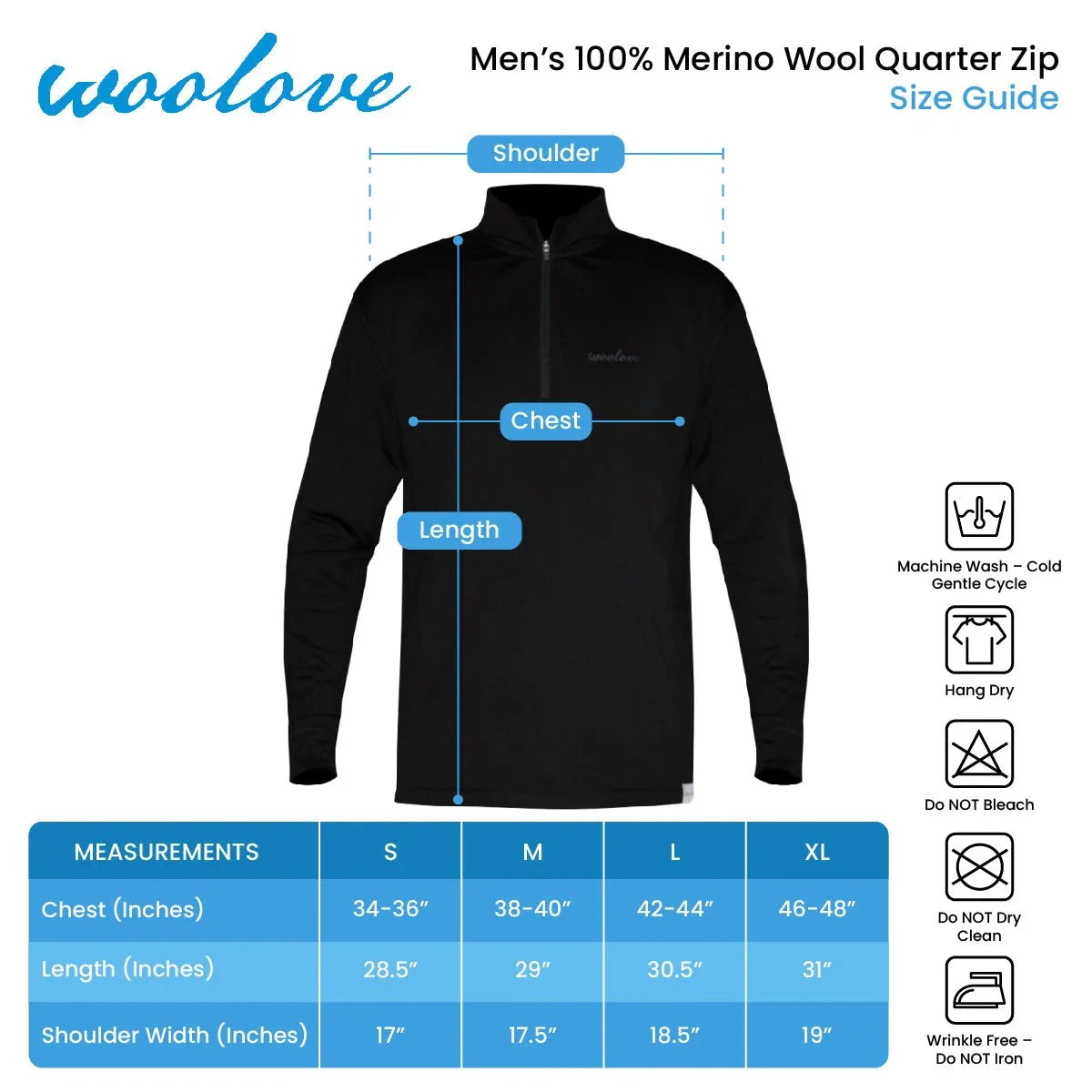 Men's 100% Merino wool quarter zip baselayer pullover size guide with measurements chart.