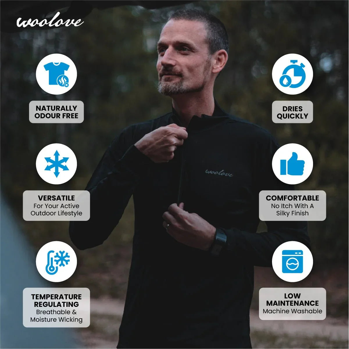 Man outdoors wearing black men's 100% merino wool 1/4 zip baselayer pullover, woolove brand.