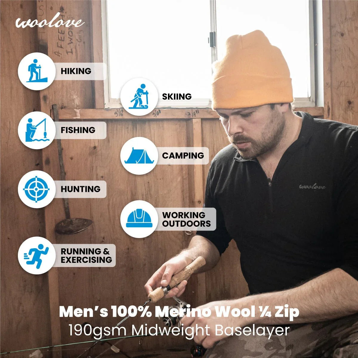 Man in orange beanie wearing men's 100% merino wool 1/4 zip baselayer indoors, fishing.