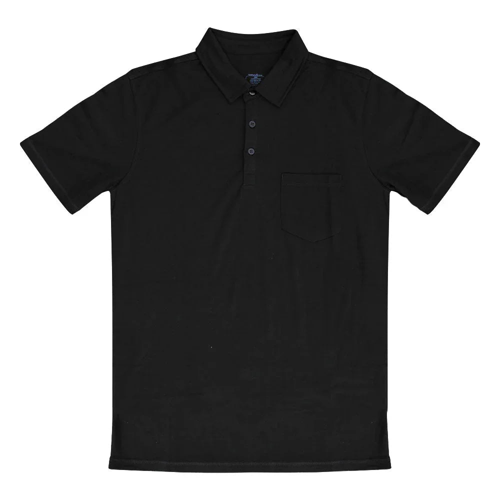 Men's black merino wool golf shirt with front pocket and short sleeves