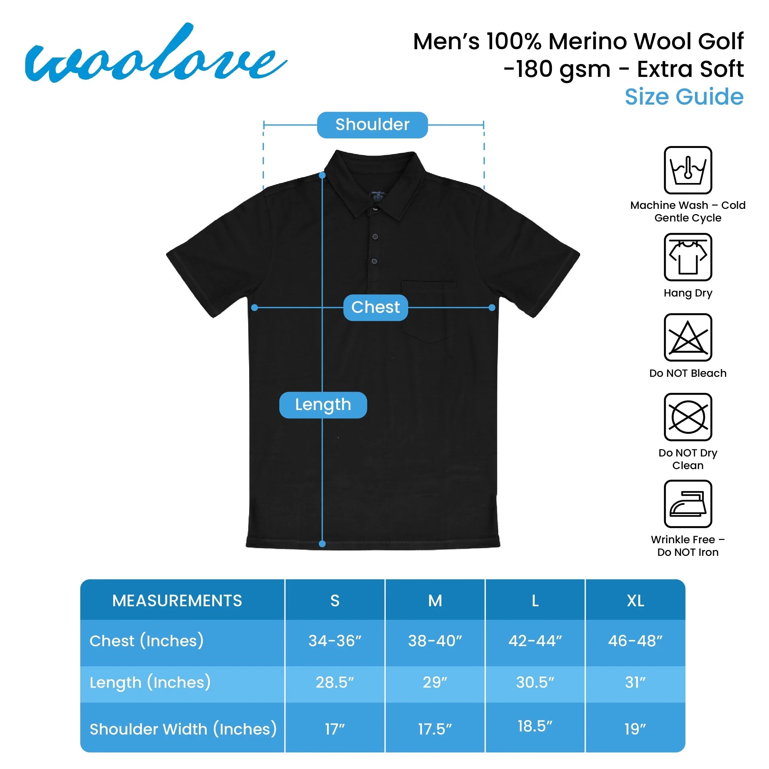 Men's black merino wool golf shirt with pocket, size guide and care instructions