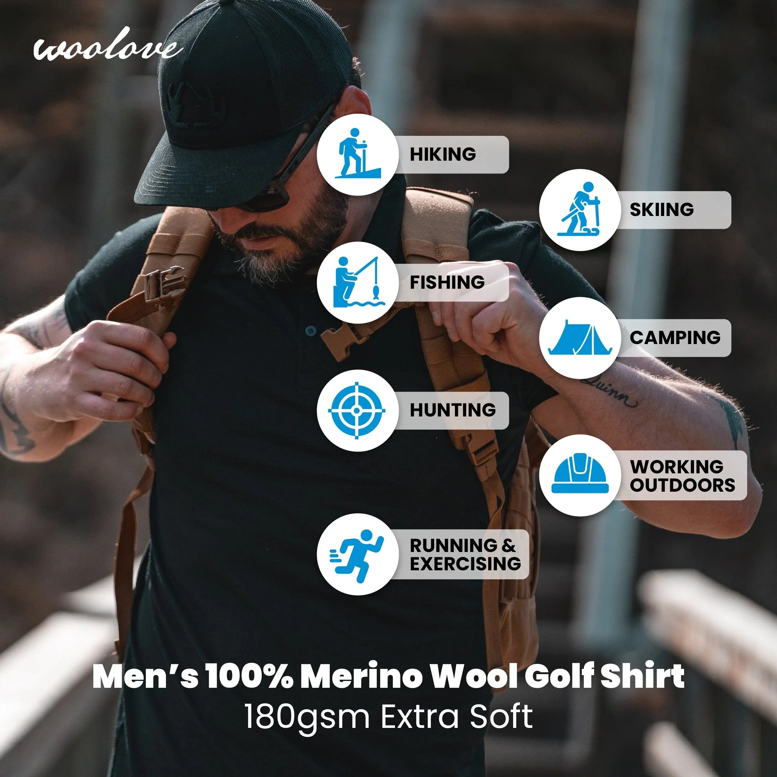 Man in black 100% Merino wool golf shirt with pocket and backpack outdoors