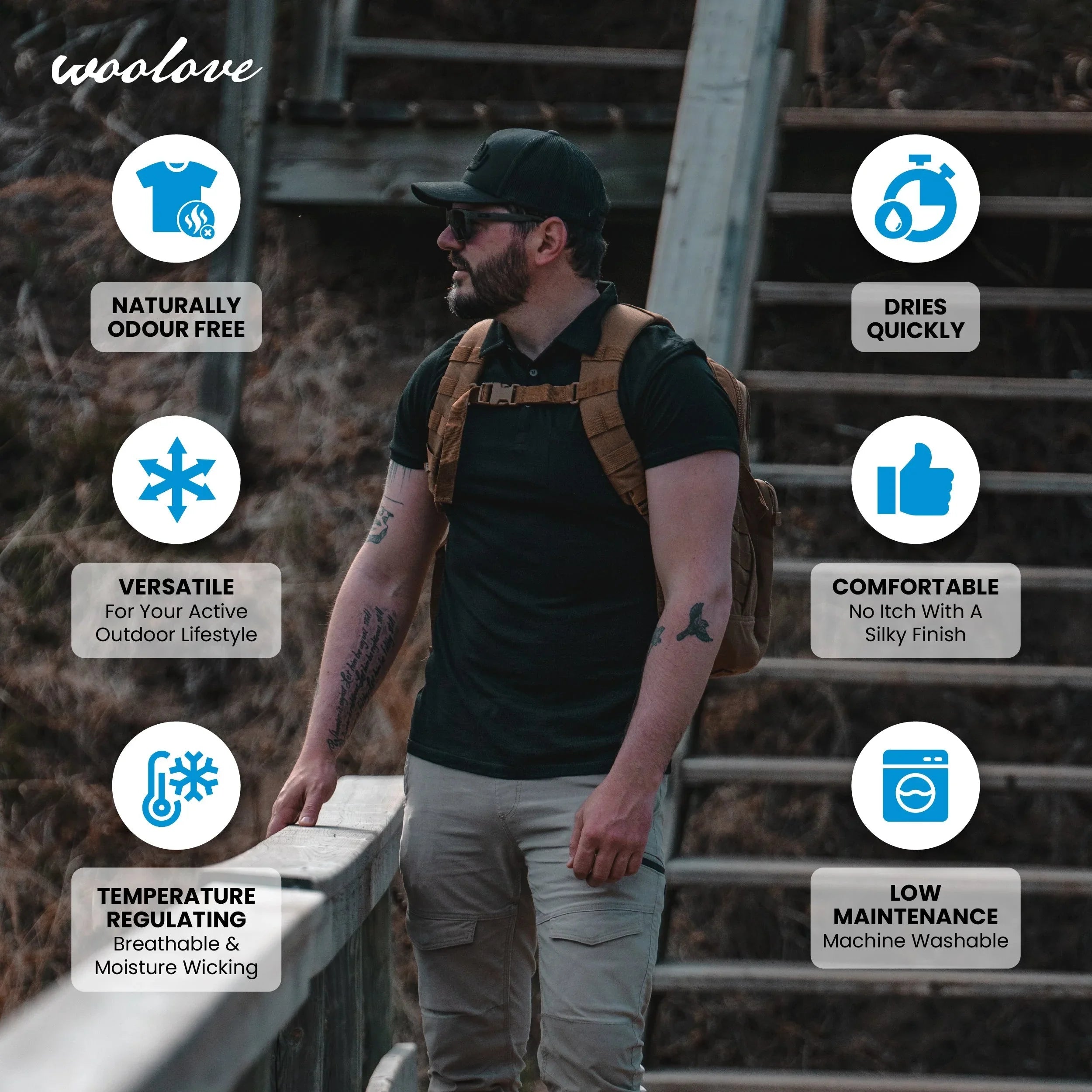 Man in a black merino wool golf shirt with pocket, outdoors, wearing a backpack