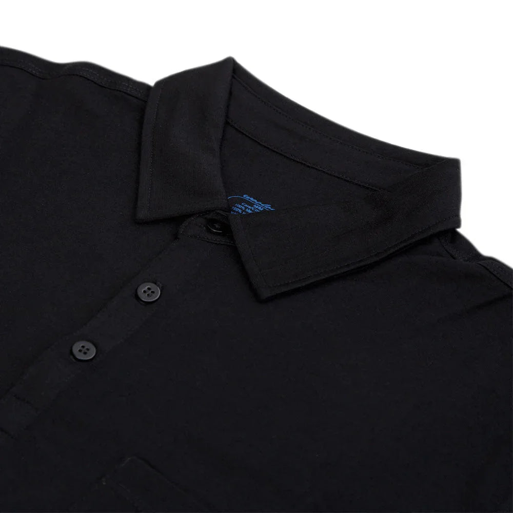 Men's black Merino wool golf shirt with buttons and chest pocket