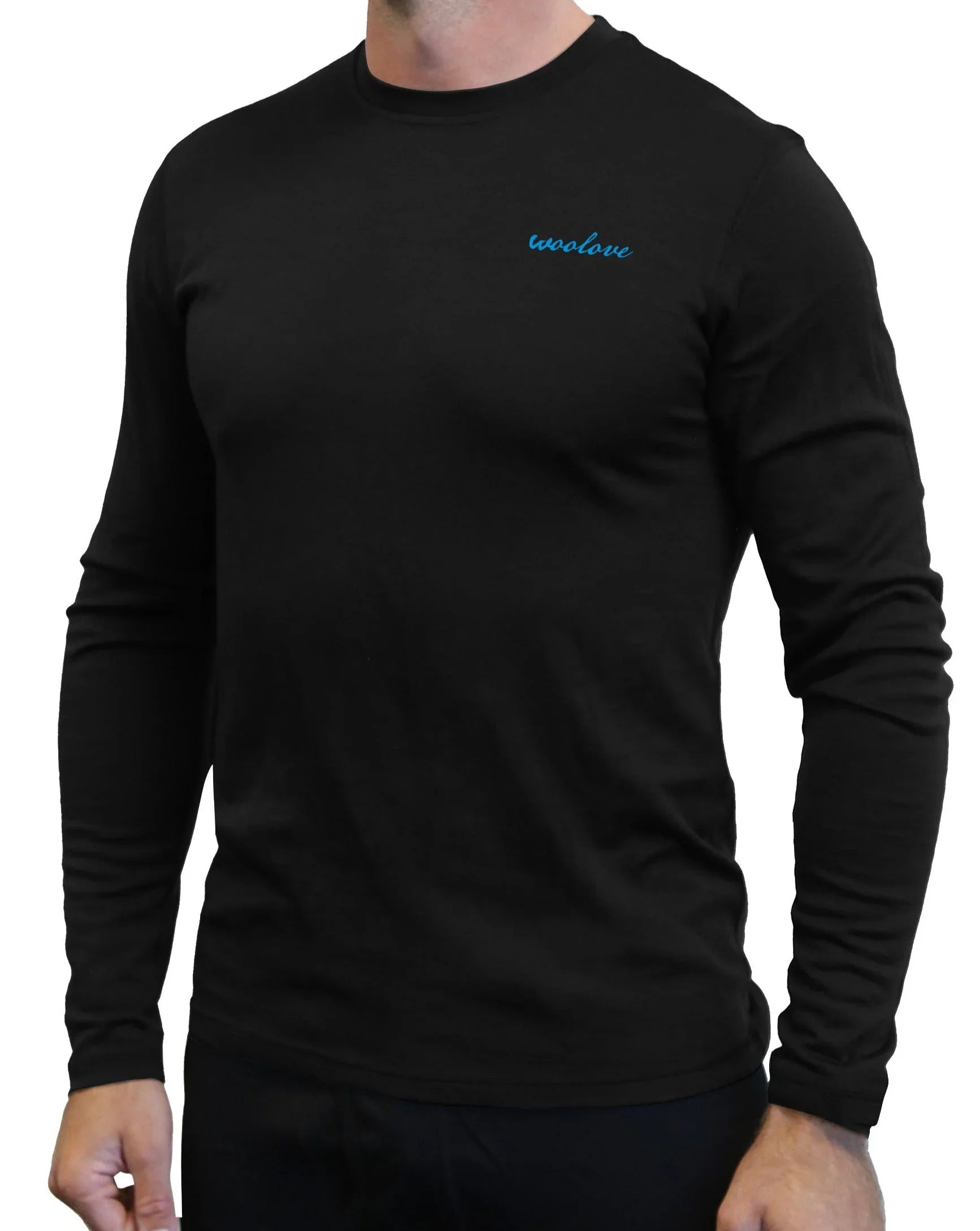 Black long sleeve men's shirt with blue Woolove logo on chest