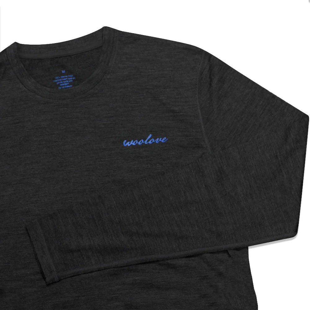 Men's dark gray merino wool long sleeve crew neck shirt with blue woolove logo
