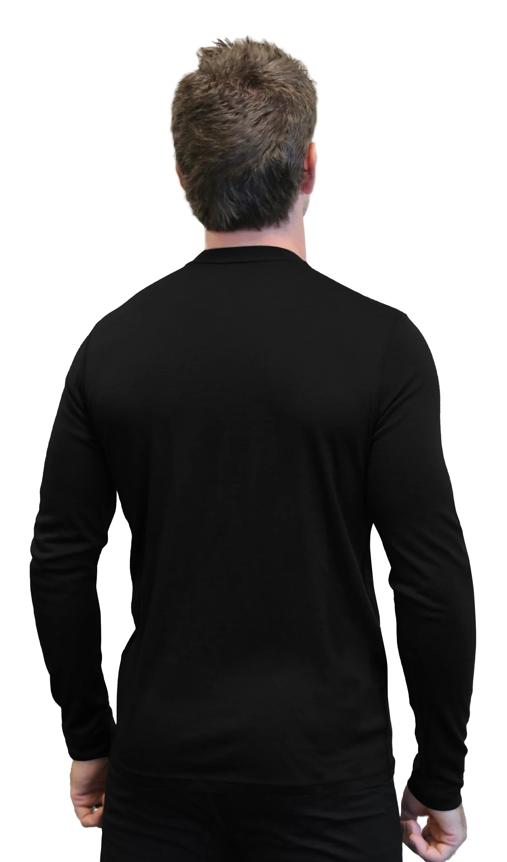 Back view of man wearing black long sleeve t-shirt on white background