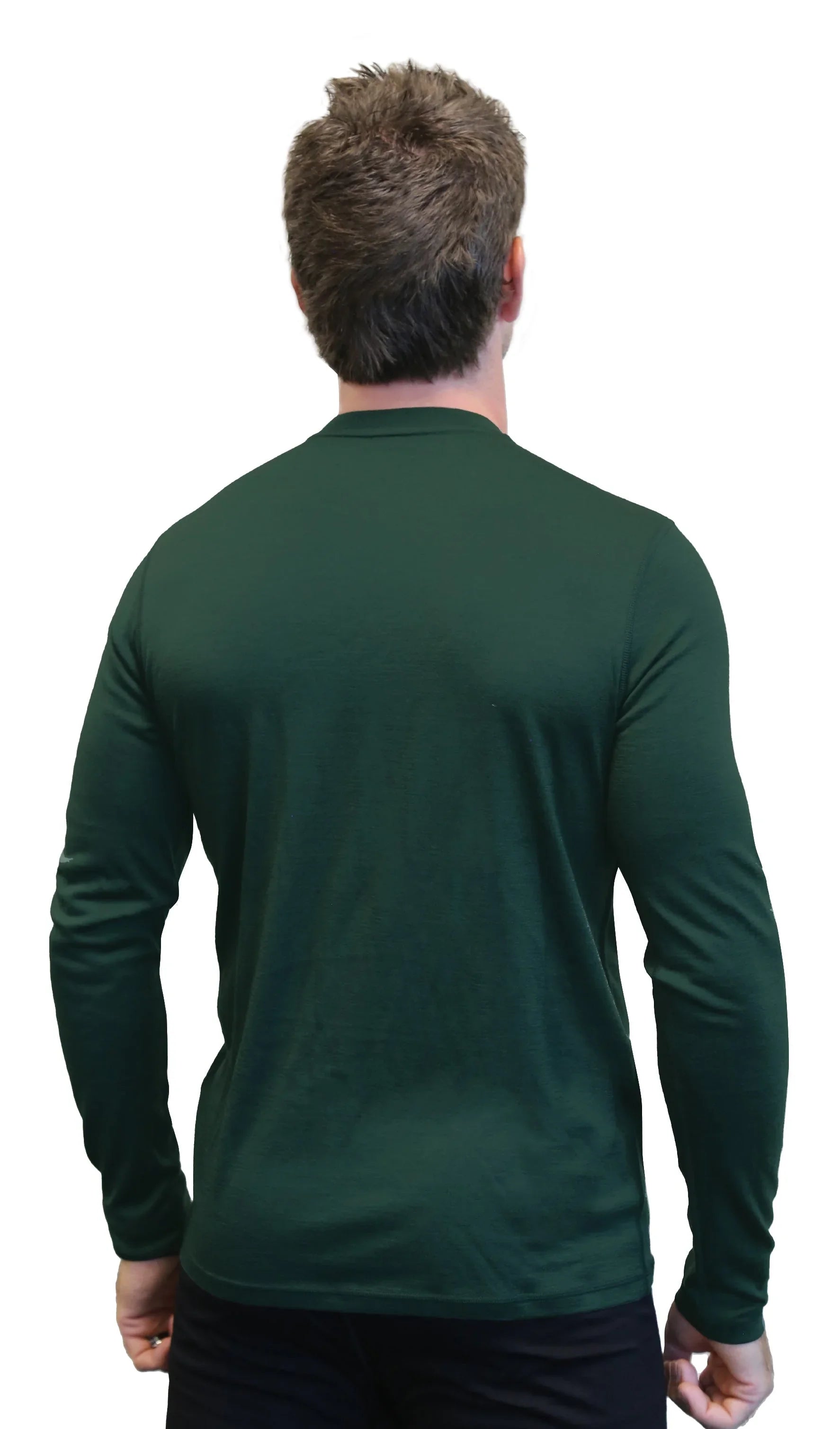 Back view of man wearing a long sleeve green shirt on white background