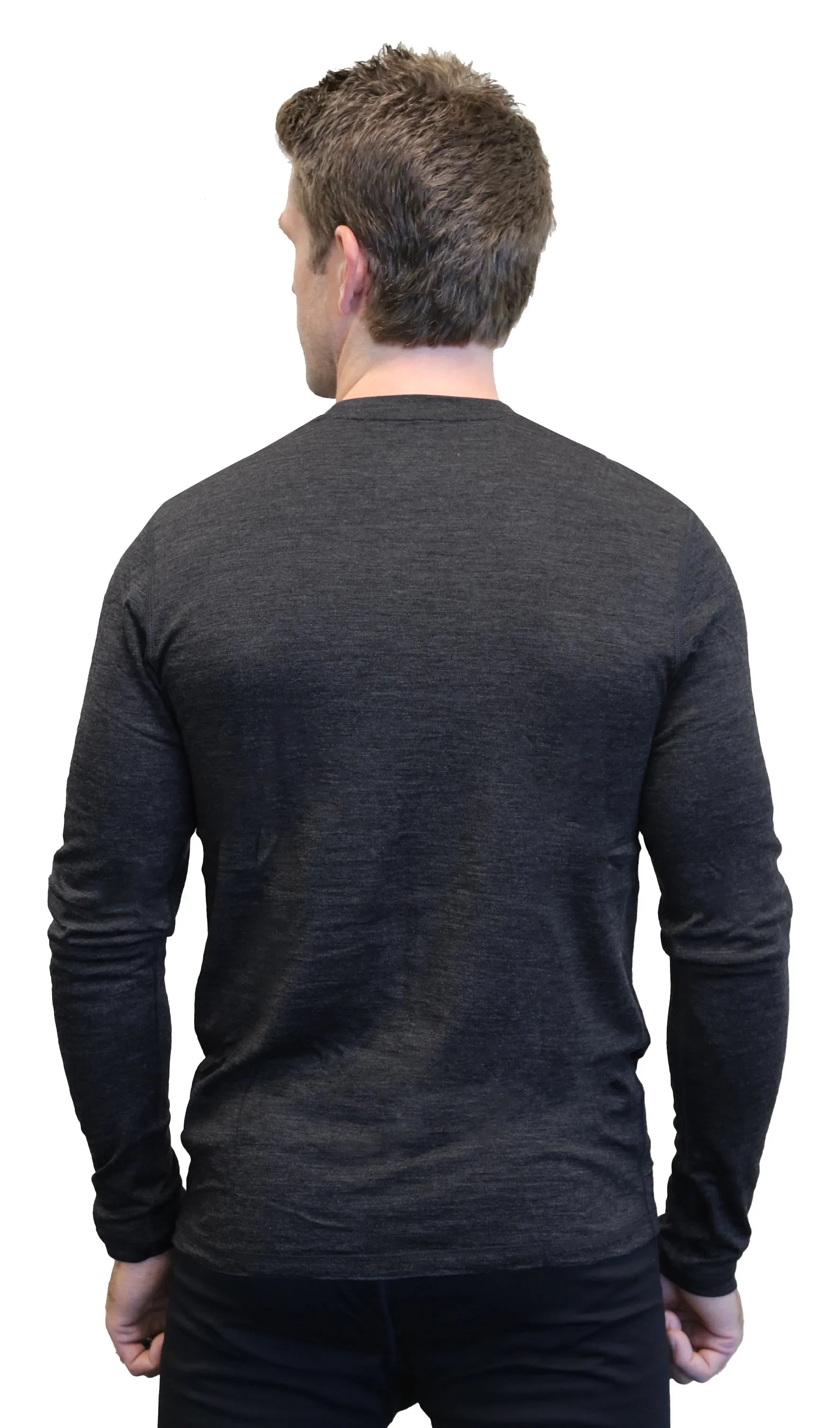 Back view of man in dark heather long sleeve shirt on white background