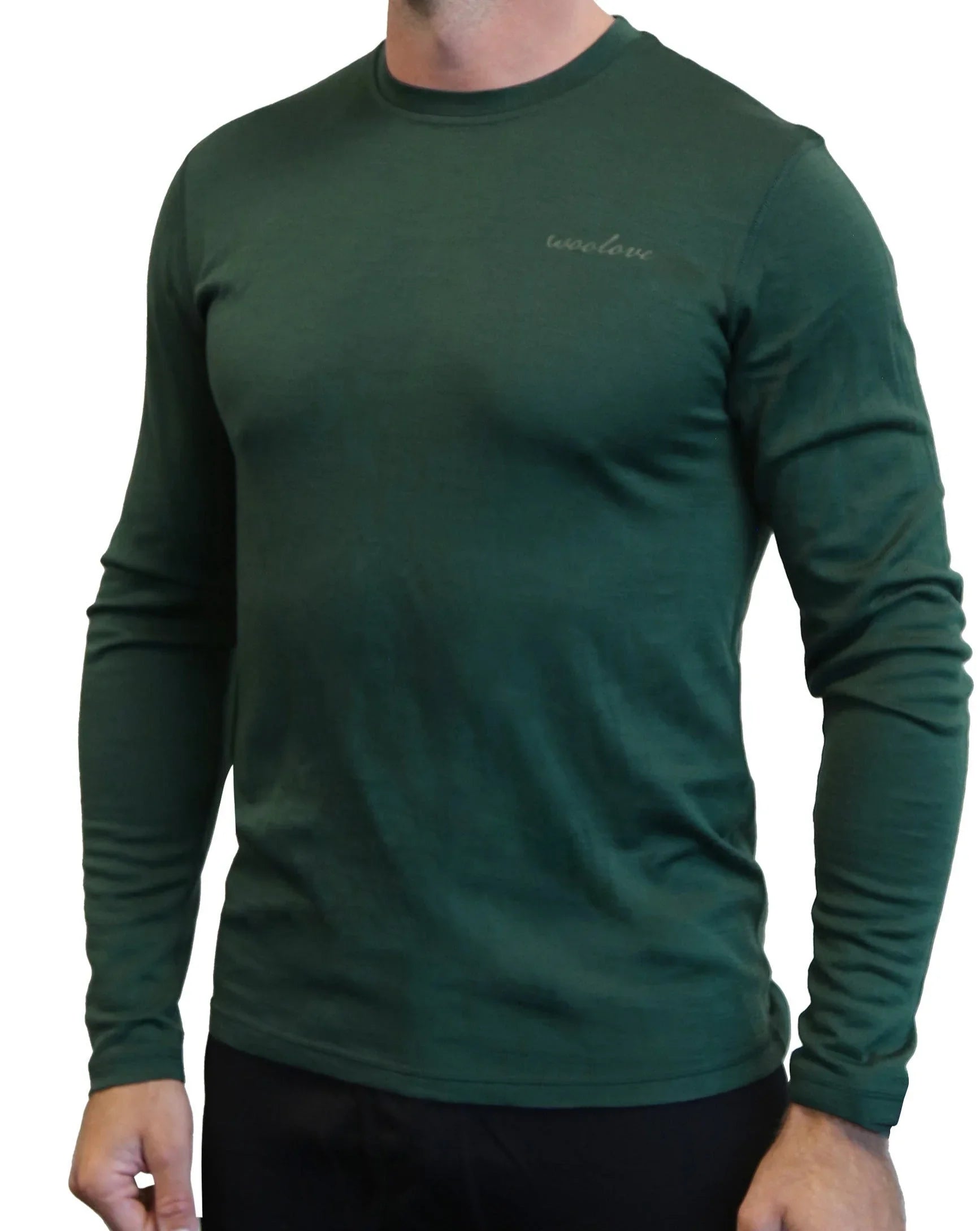 Men's green long sleeve merino wool shirt with crew neck on white background