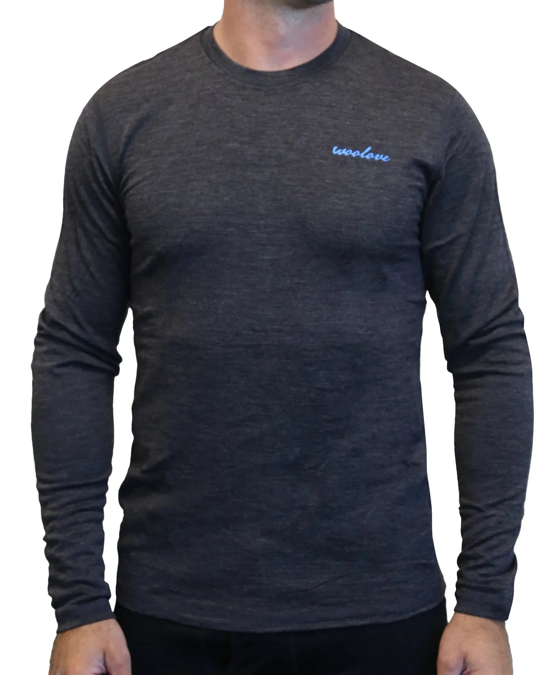 Men's heather grey long sleeve merino wool shirt with small blue Woolove logo on chest