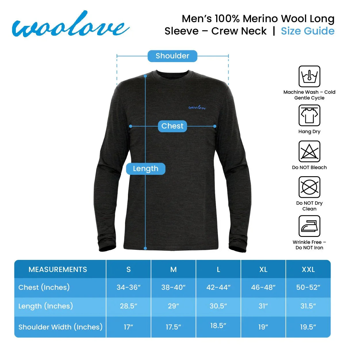 Men's black 100% merino wool long sleeve crew neck shirt size guide chart with care icons
