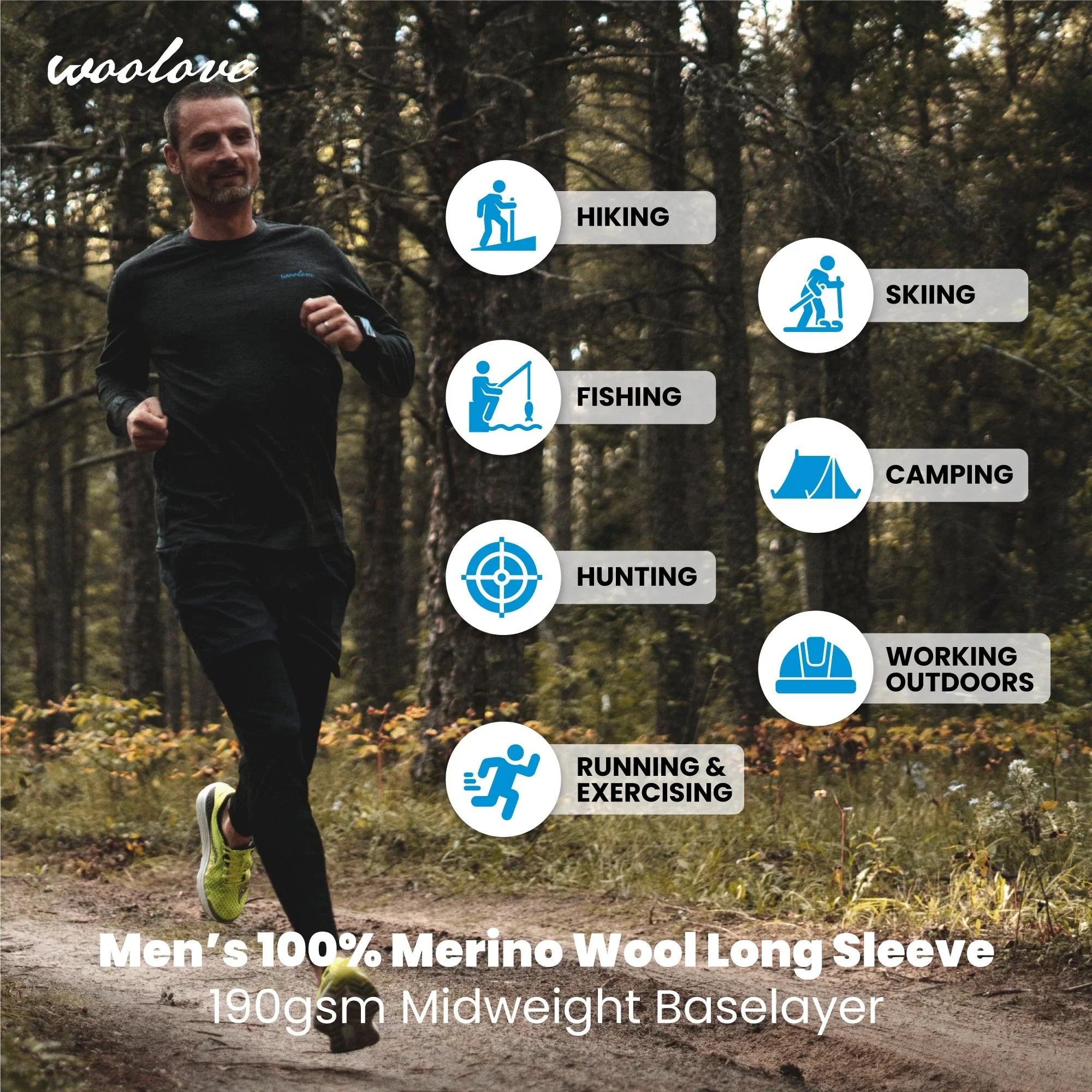 Man running in forest wearing men's 100% merino wool long sleeve shirt, activity icons for hiking, fishing, hunting, skiing, camping, running, and working outdoors.