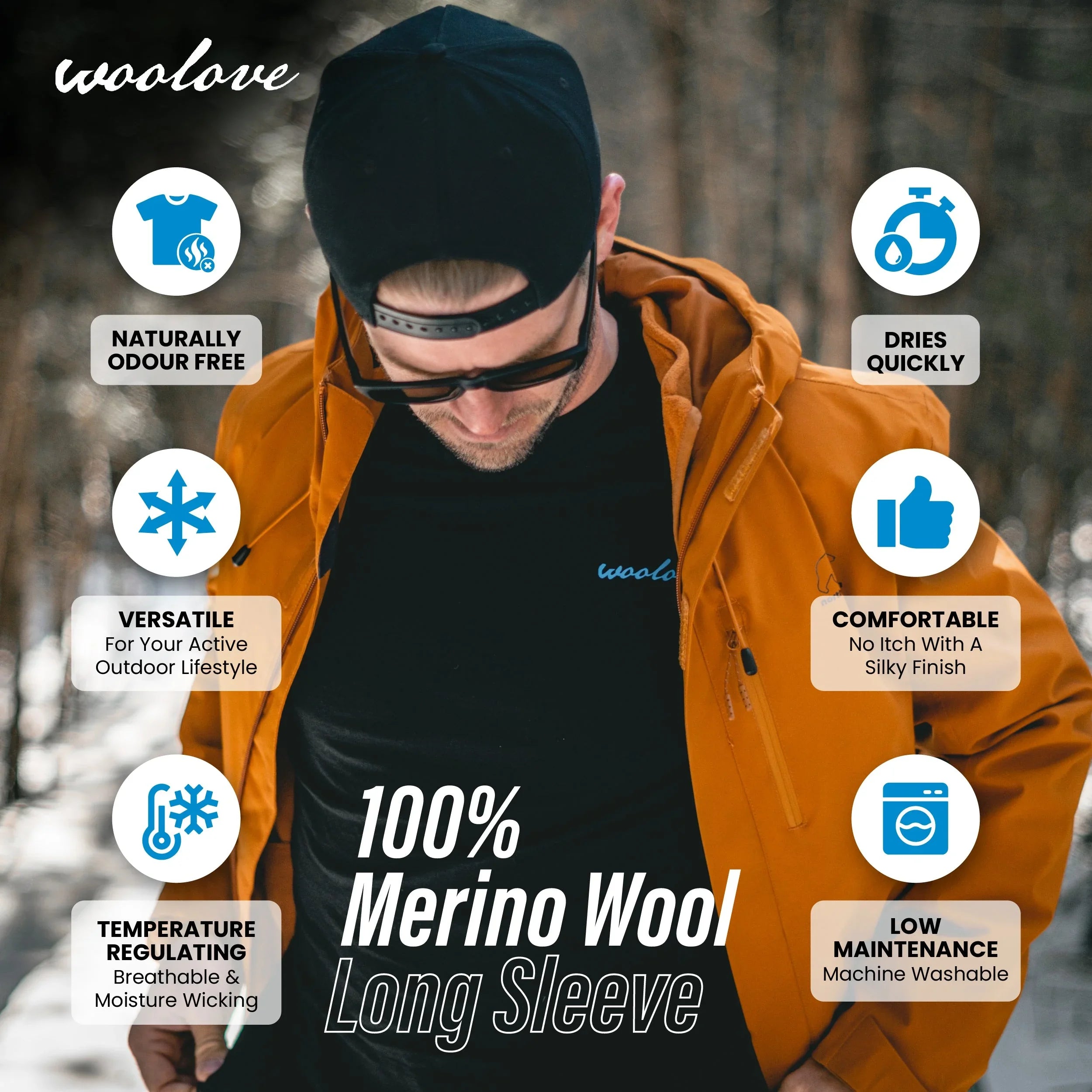 Man outdoors in orange jacket wearing Woolove 100% Merino Wool long sleeve, product features listed.