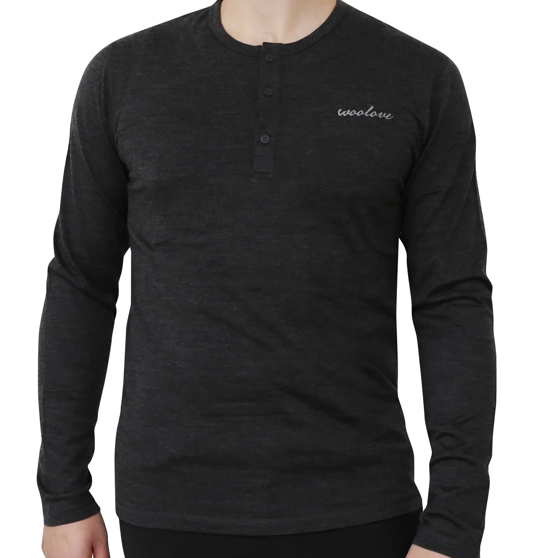 Men's black merino wool long sleeve Henley shirt with woolove logo