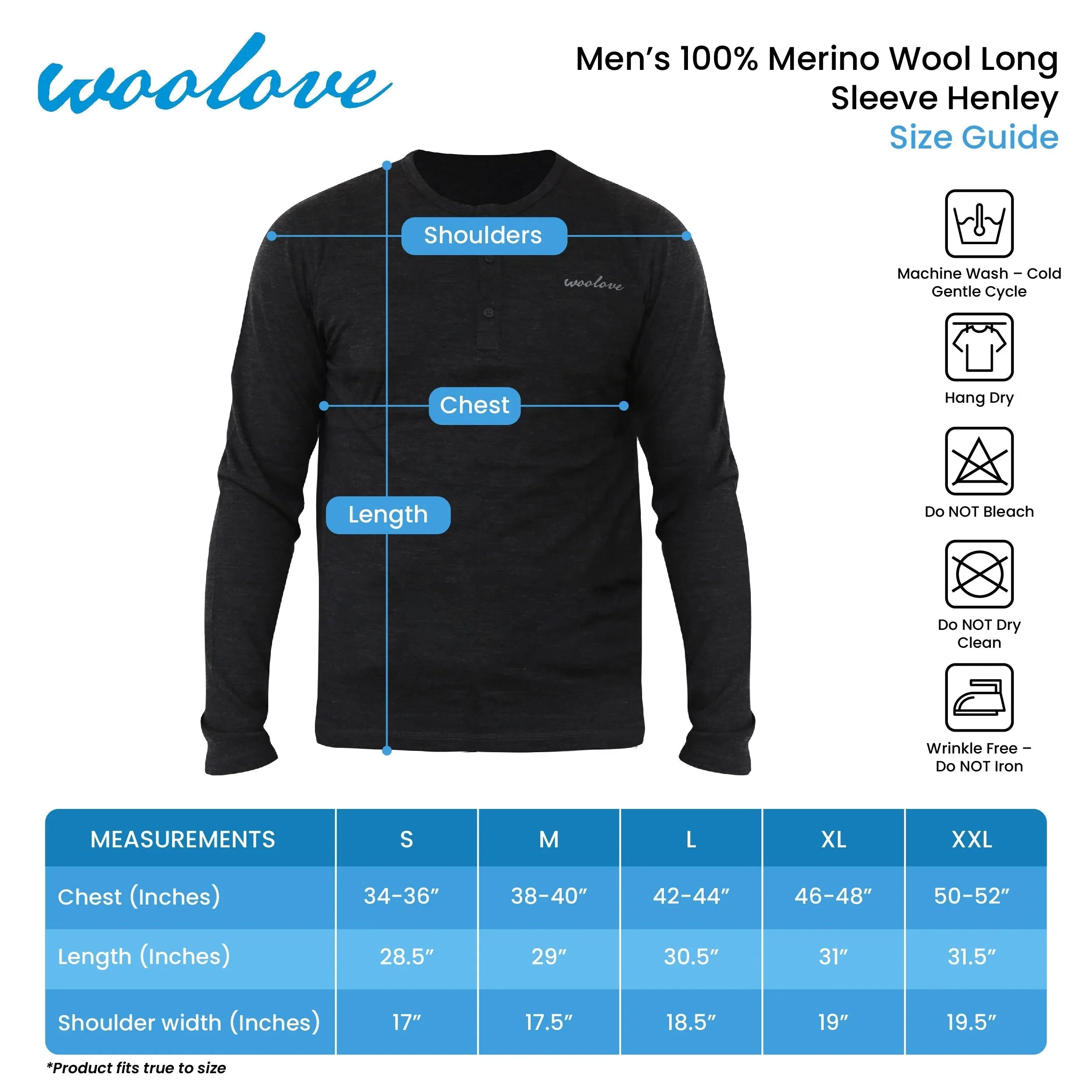Men's black Merino wool long sleeve Henley shirt size guide with washing icons and measurements chart.