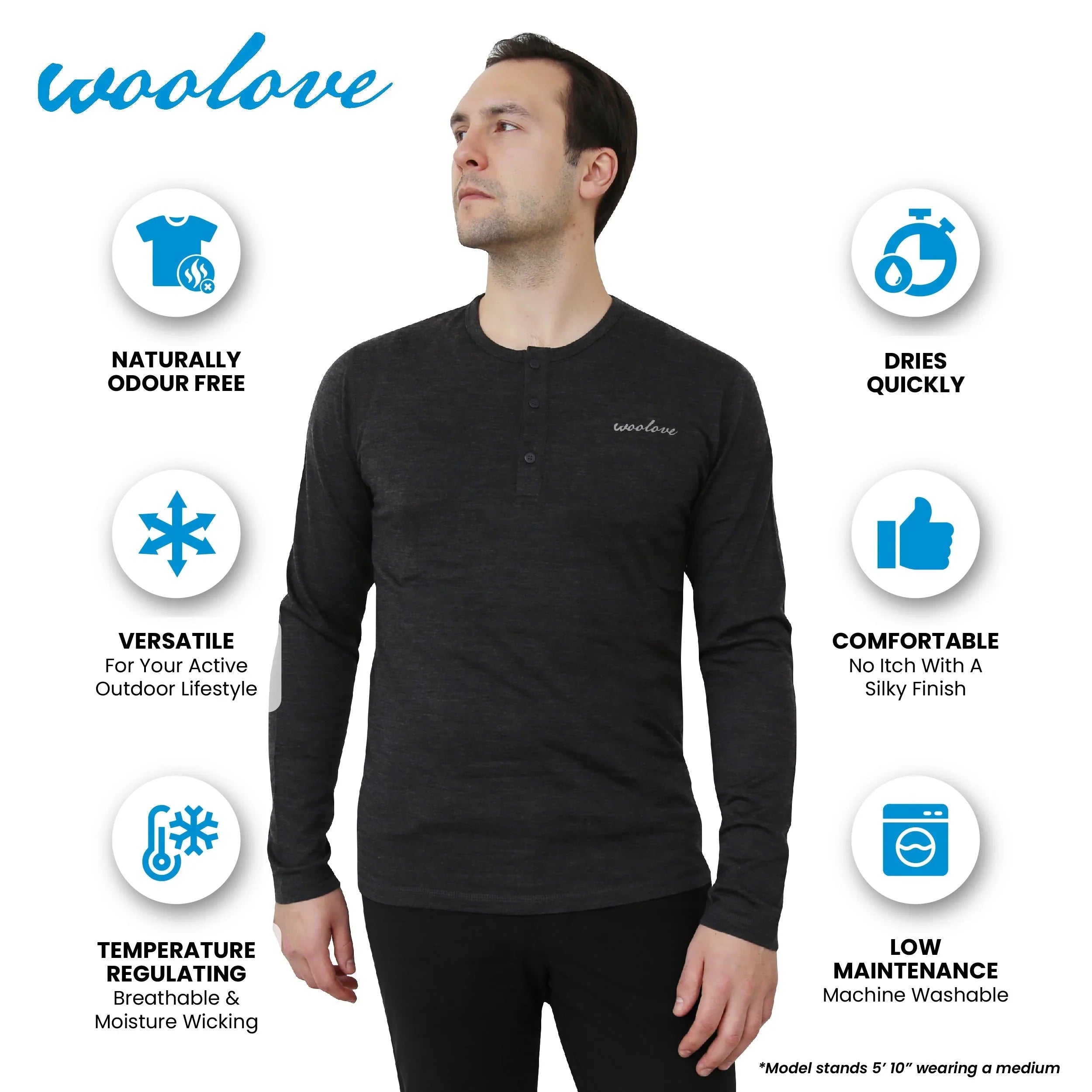 Man wearing black merino wool long sleeve Henley shirt, with benefits icons and woolove logo.
