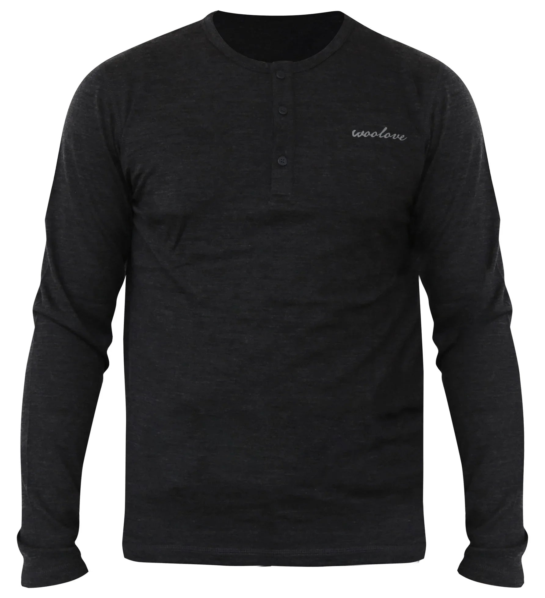 Men's black 100% merino wool long sleeve Henley shirt with buttons and 'woolove' logo